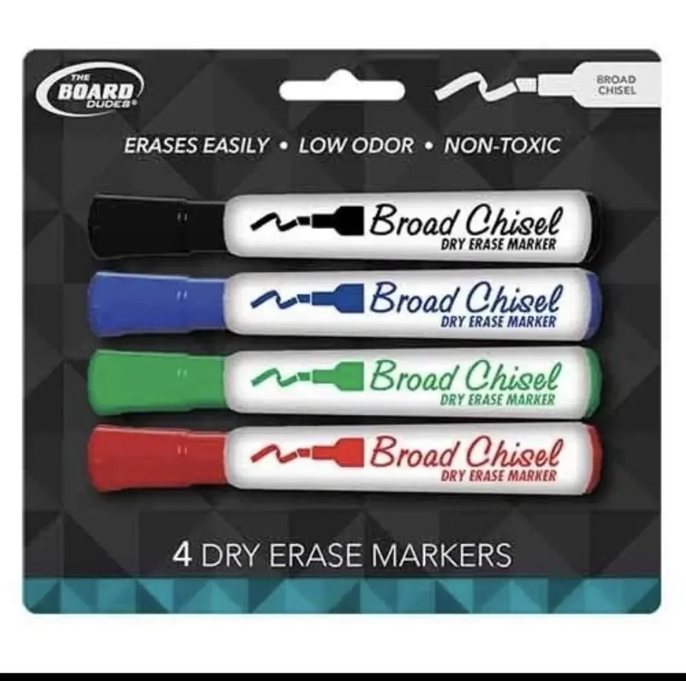Board Dudes Dry Erase Markers Broad Chisel Tip 4/Pk Asst Colors School Office